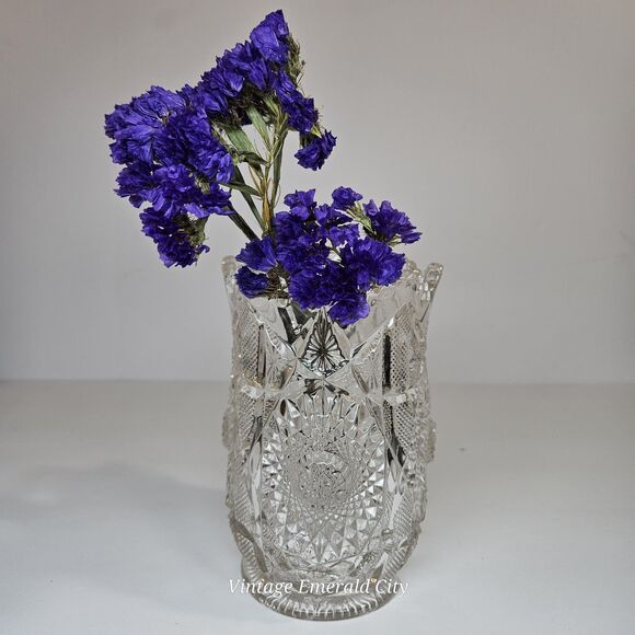 Vtg Brunswick Brilliant Cut Clear Floral Glass Vase Hobstar Sawtooth Rim/ READ - Picture 11 of 12